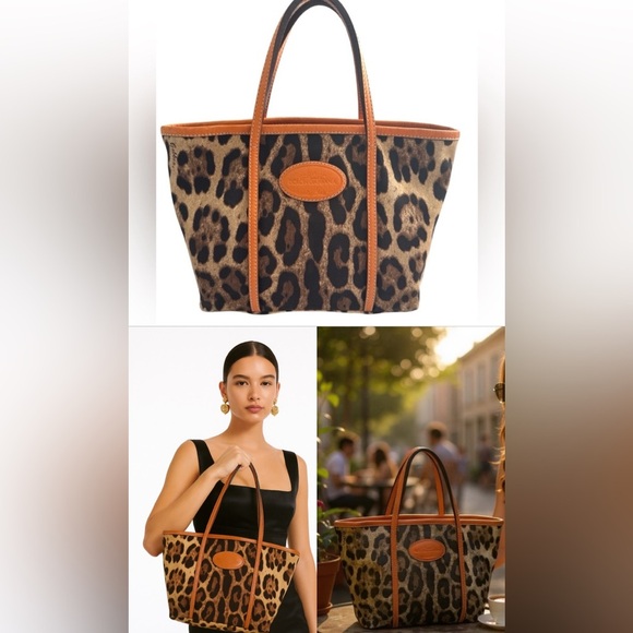 Dolce & Gabbana Handbags - Dolce & Gabbana Leopard Print Canvas Leather Trim Tote Bag Made In Italy